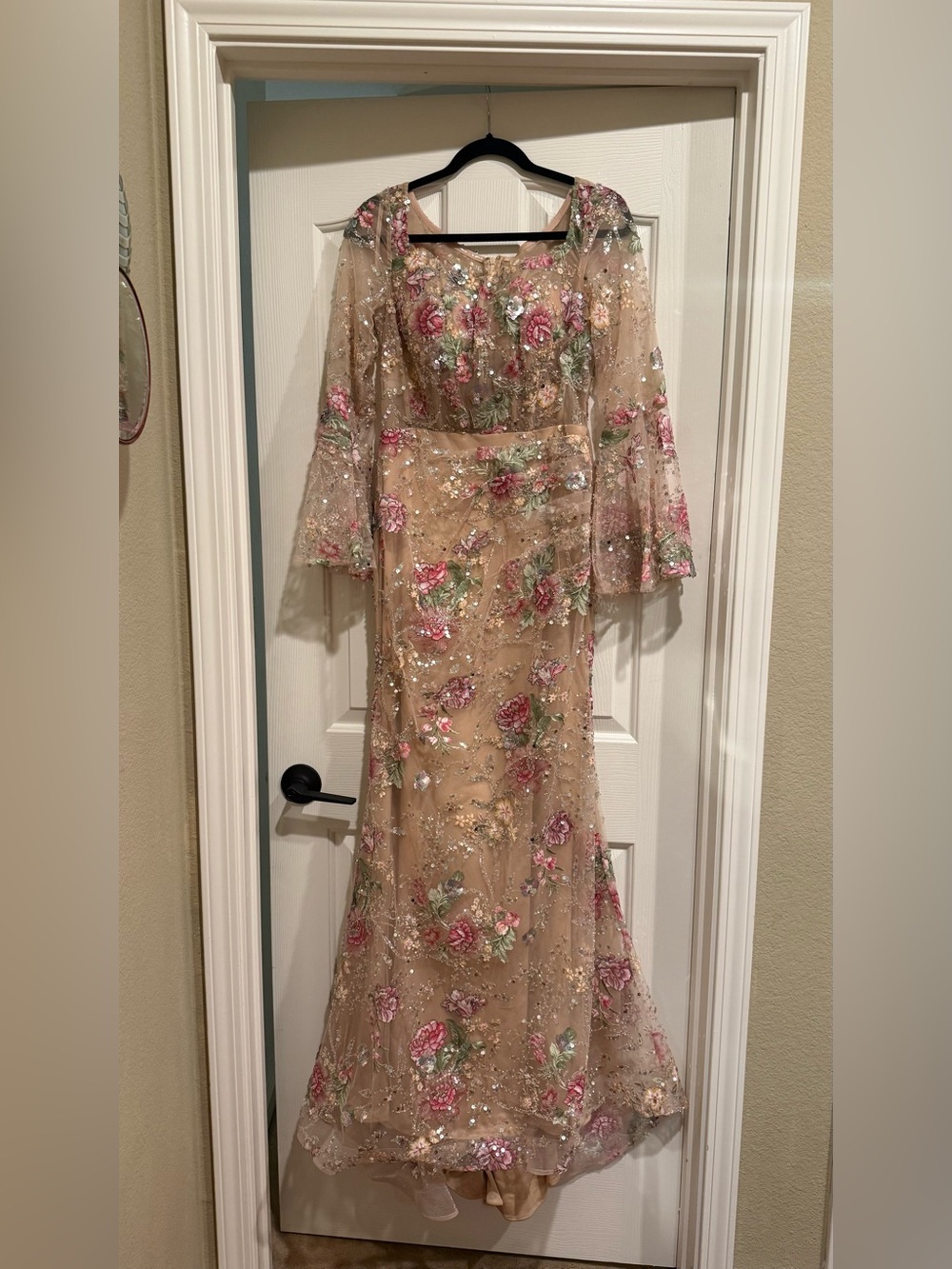 Embroidered Floral Maxi Dress in Nude with Pink Accents